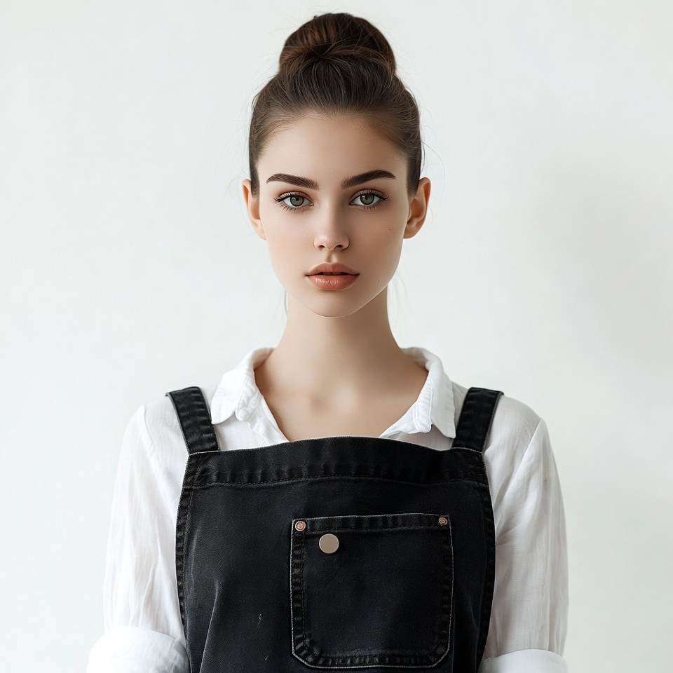 Woman in black overalls with bun Woman in black overalls with bun