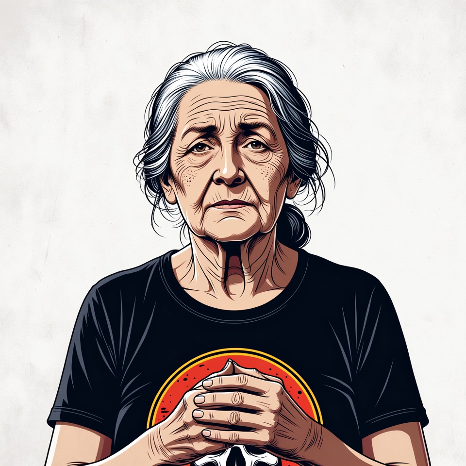 Elderly woman with skull shirt Elderly woman with skull shirt