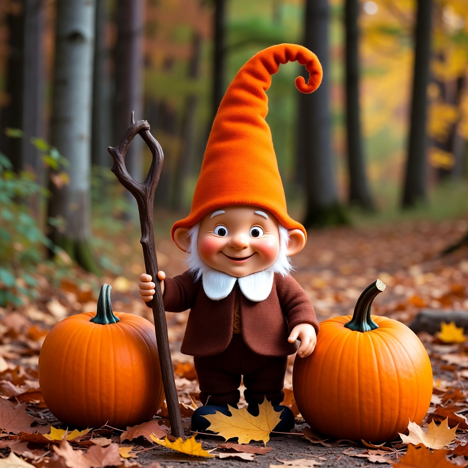 Gnome with pumpkins in autumn forest Gnome with pumpkins in autumn forest