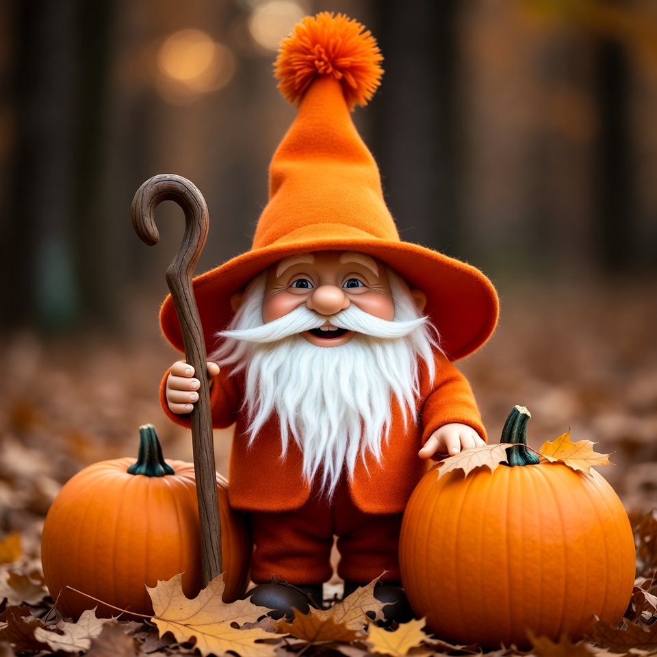 Gnome with pumpkins and autumn leaves Gnome with pumpkins and autumn leaves