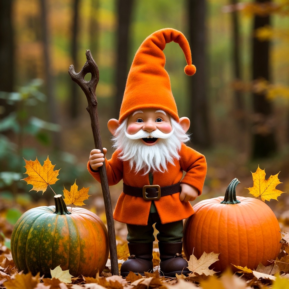 Gnome with pumpkins in autumn forest Gnome with pumpkins in autumn forest