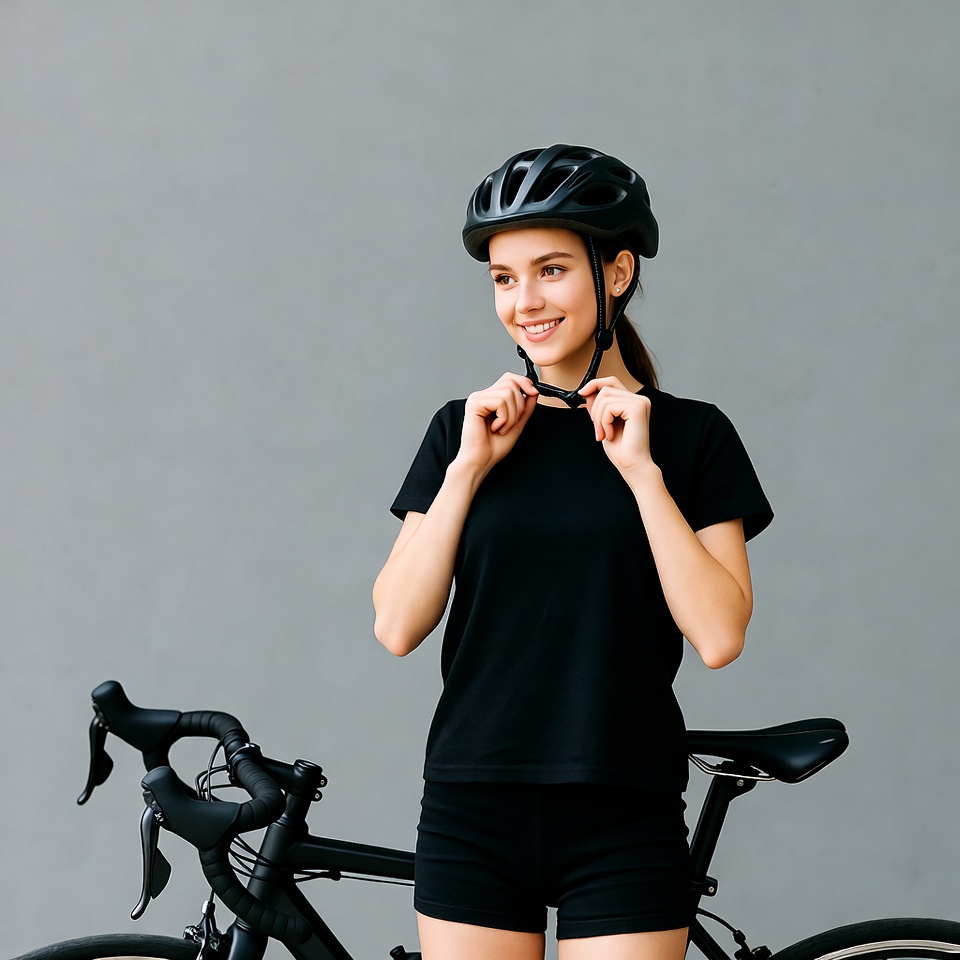 Smiling woman adjusting helmet by bike Smiling woman adjusting helmet by bike