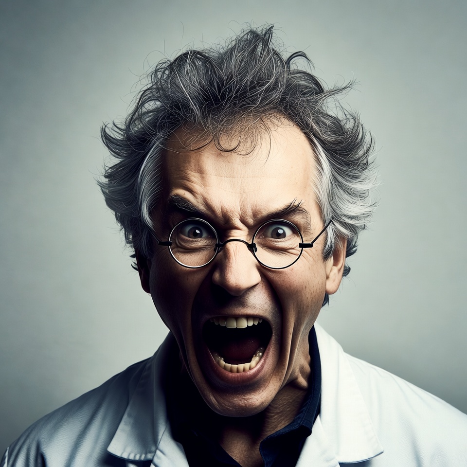 Mad scientist yelling in lab coat Mad scientist yelling in lab coat