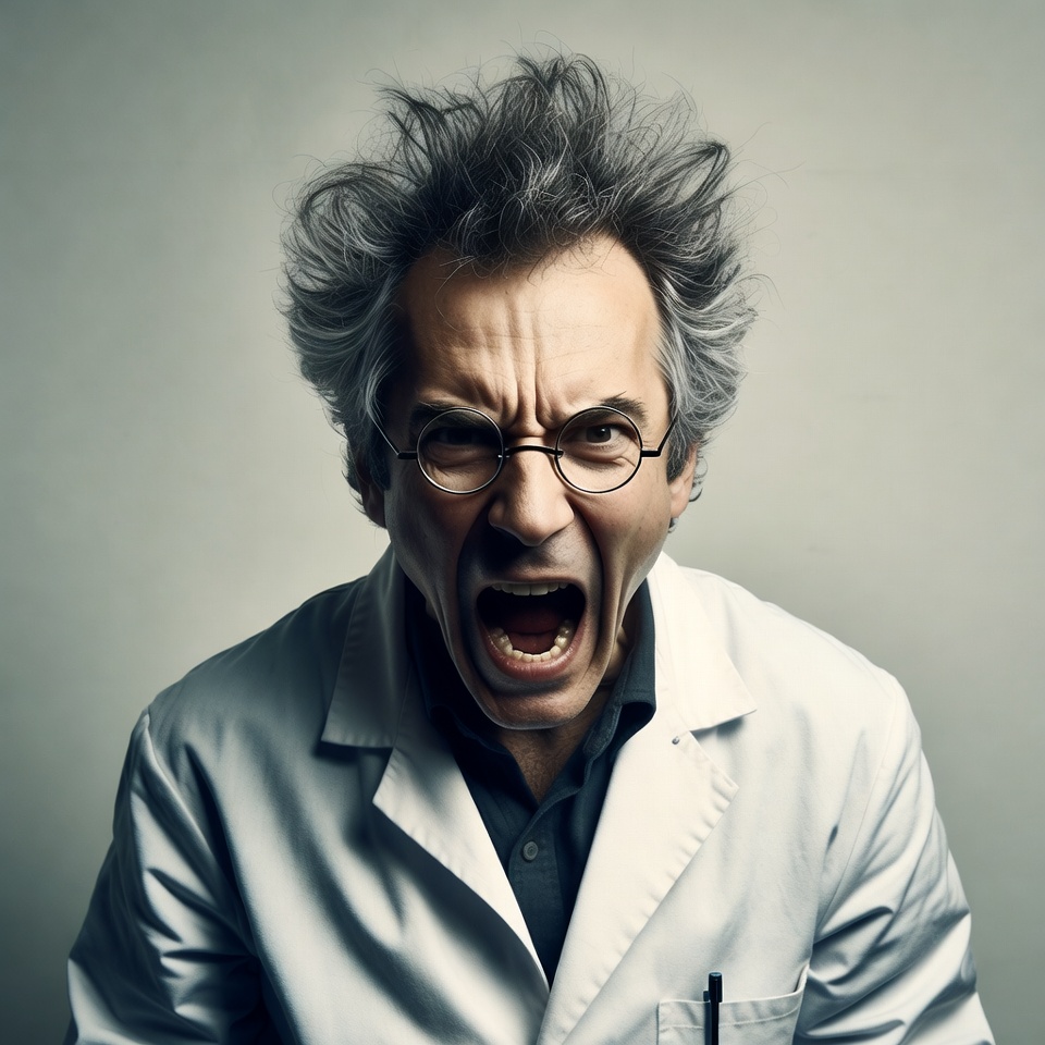 Mad scientist yelling in lab coat Mad scientist yelling in lab coat