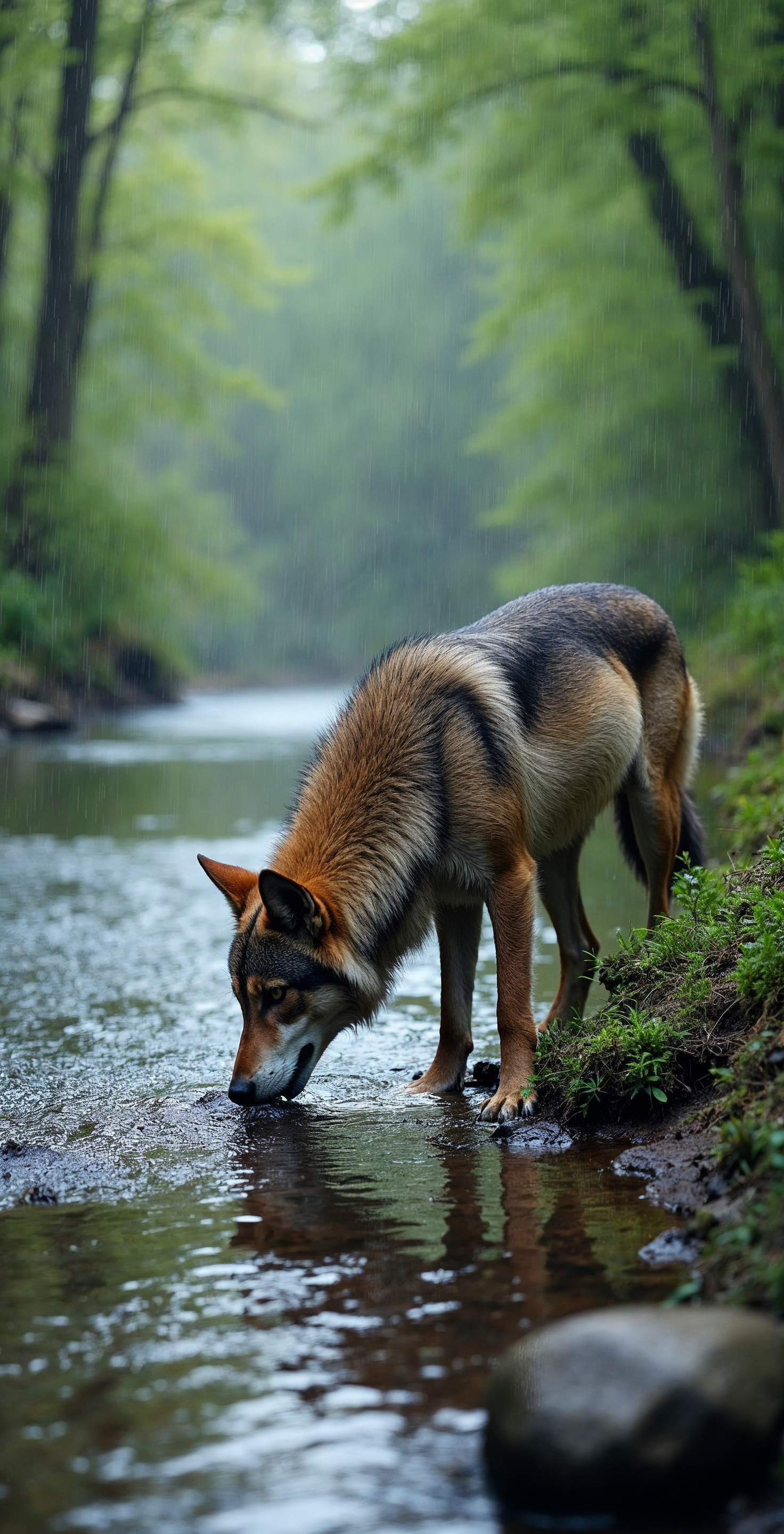 Wolf drinking from forest stream Wolf drinking from forest stream