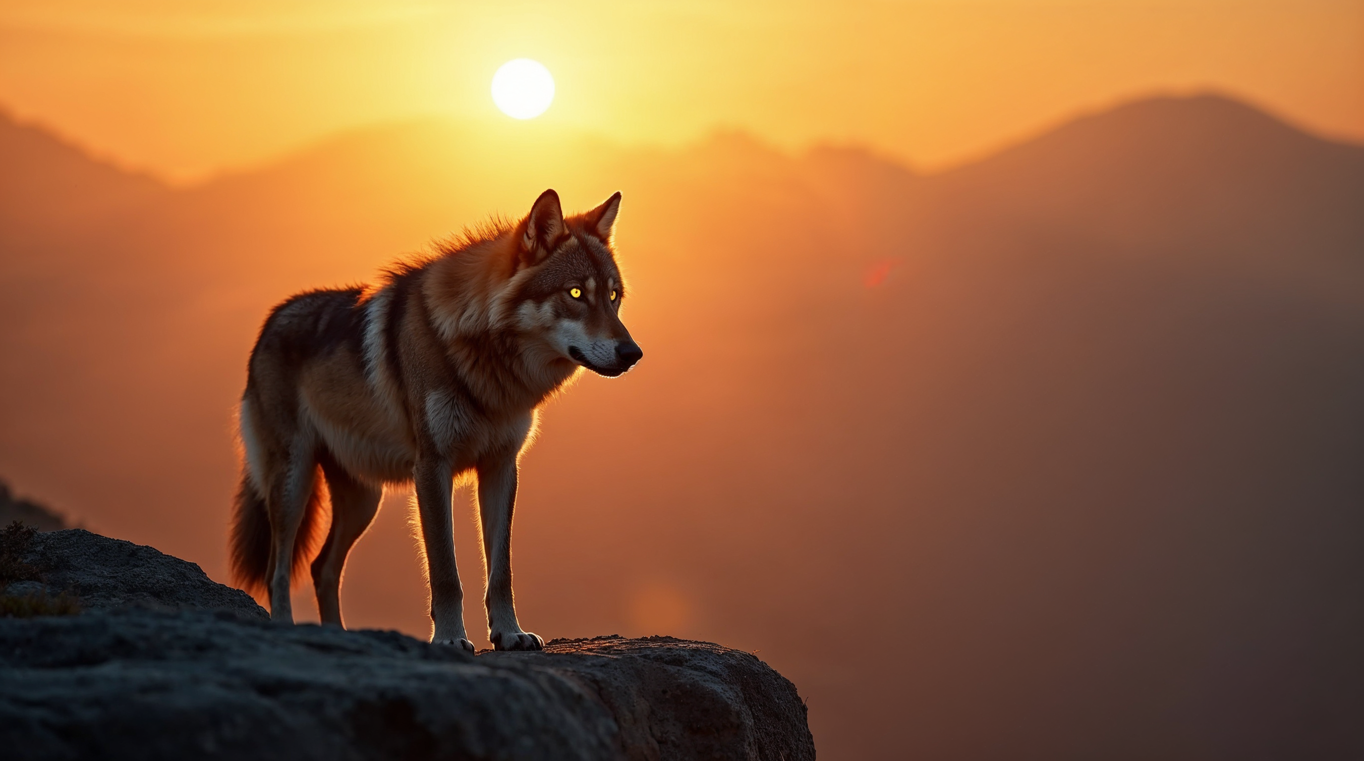 Wolf standing on cliff at sunset Wolf standing on cliff at sunset