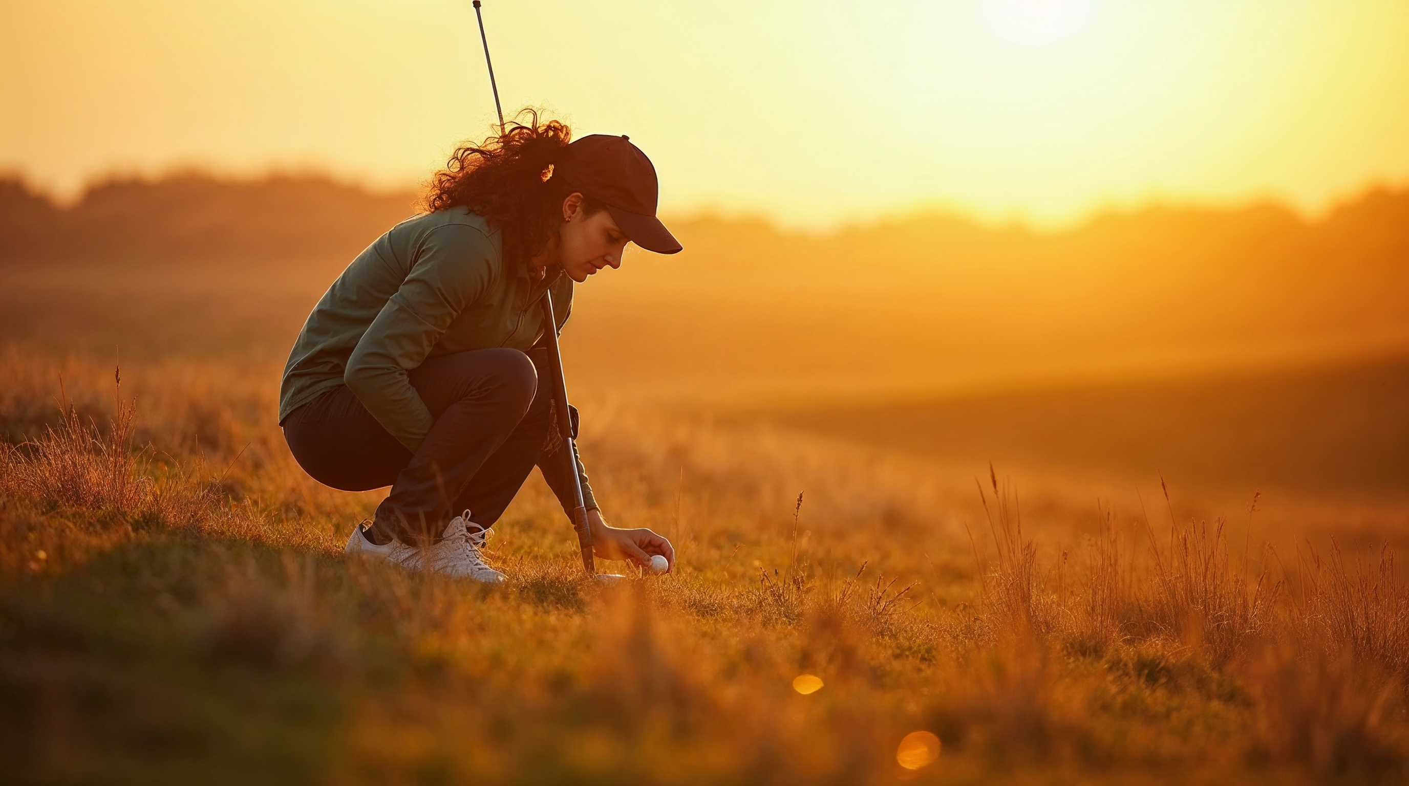 Woman picking golf ball at sunset Woman picking golf ball at sunset