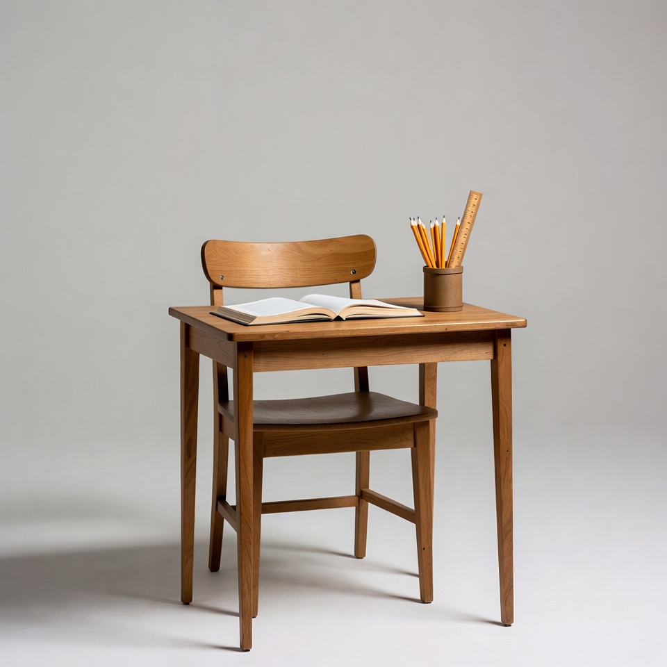 Wooden Desk with Open Book and Pencils Wooden Desk with Open Book and Pencils