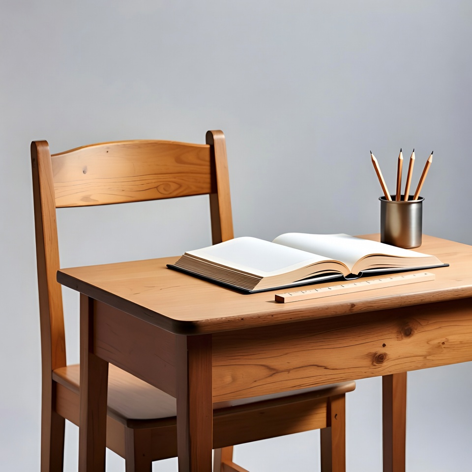 Wooden Desk with Open Book and Pencils Wooden Desk with Open Book and Pencils