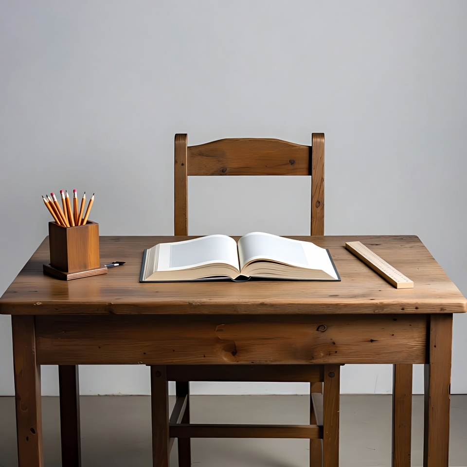 Empty Wooden Desk with Open Book Empty Wooden Desk with Open Book