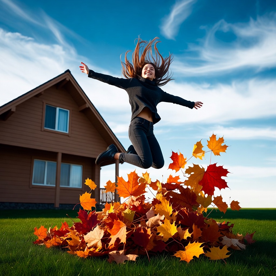 Woman jumping in autumn leaves Woman jumping in autumn leaves