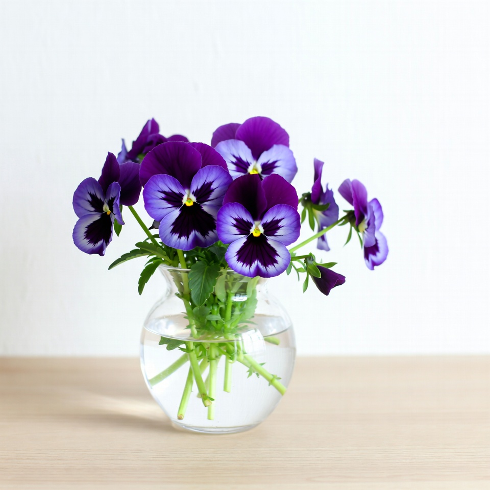 Purple Pansies in Glass Vase Purple Pansies in Glass Vase