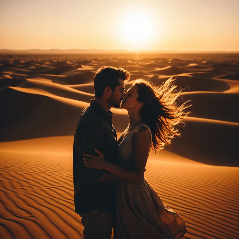 Couple kissing at sunset in desert Couple kissing at sunset in desert