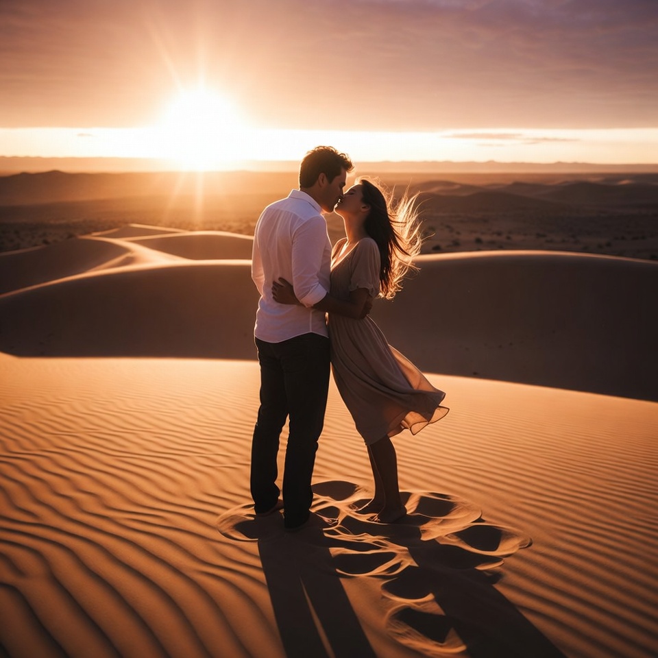 Couple kissing at sunset in desert Couple kissing at sunset in desert