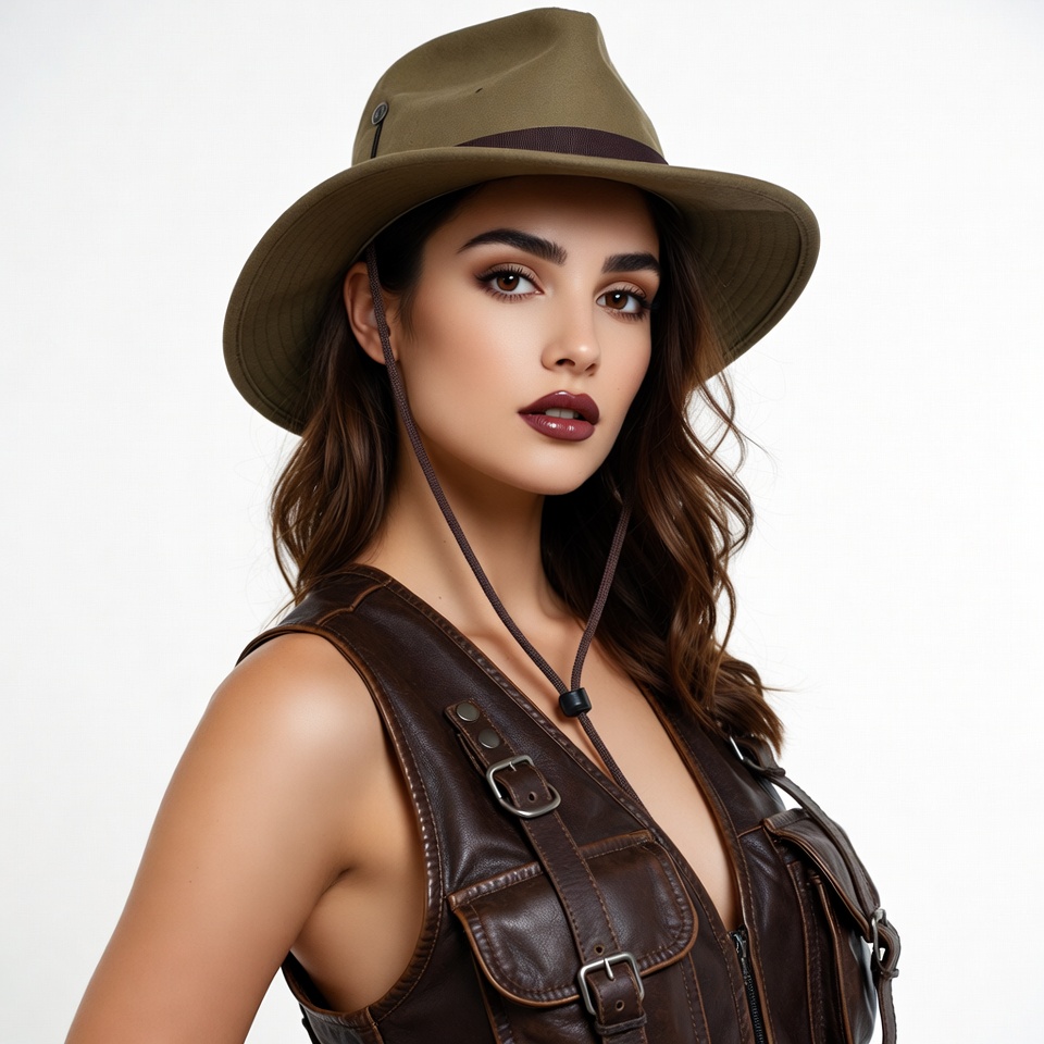 Woman in fedora hat and leather vest Woman in fedora hat and leather vest