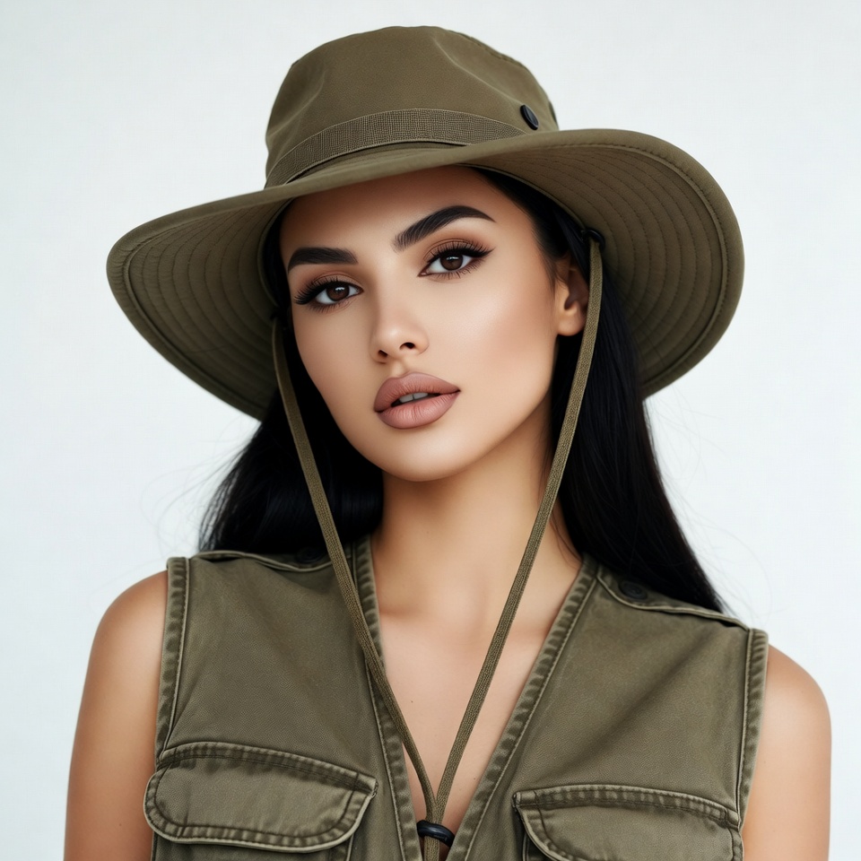 Woman in green hat and vest Woman in green hat and vest