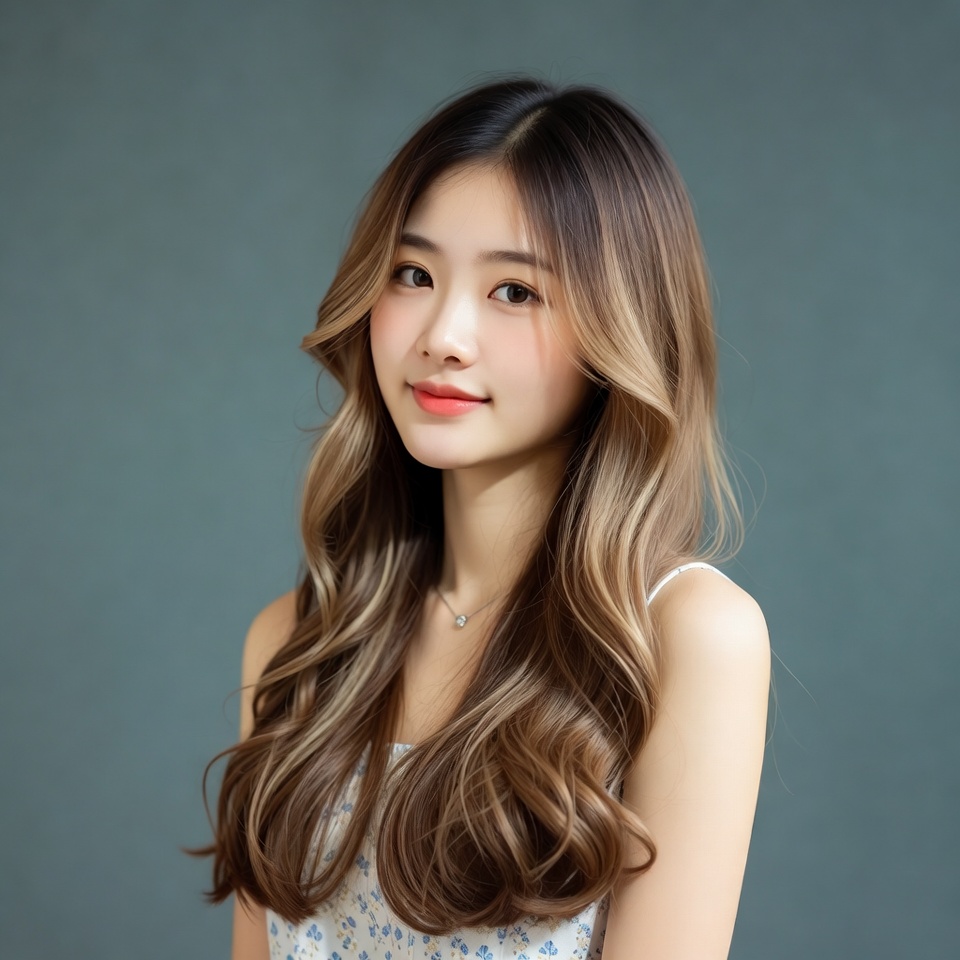 Asian woman with long wavy hair Asian woman with long wavy hair