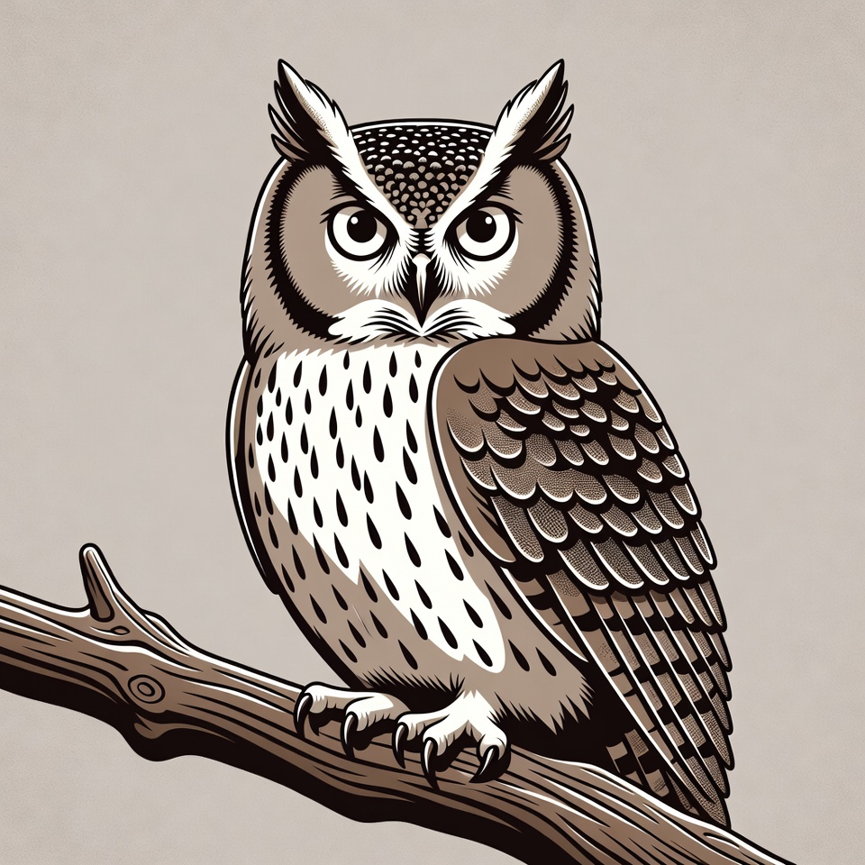 Great Horned Owl on Branch Illustration Great Horned Owl on Branch Illustration