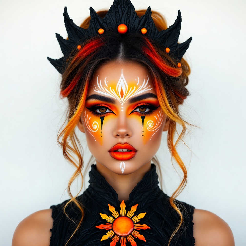 Woman with orange tribal face paint Woman with orange tribal face paint