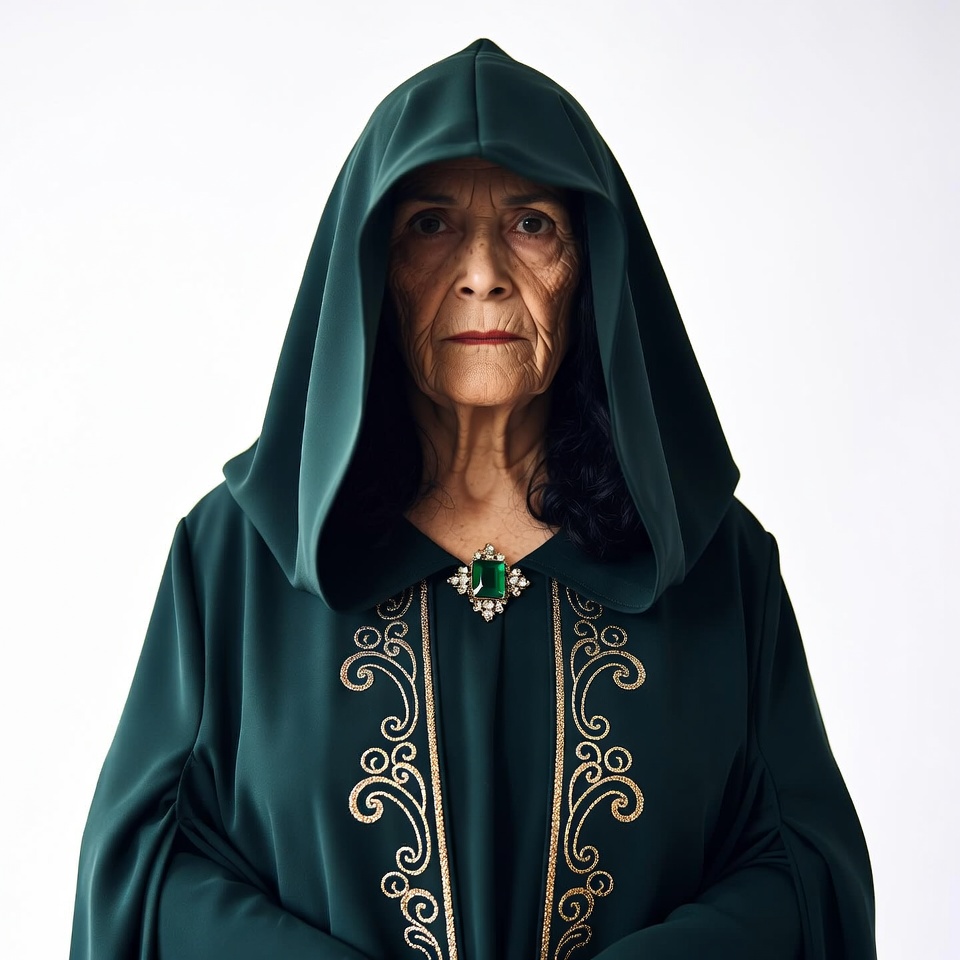 Elderly woman in green hooded robe Elderly woman in green hooded robe