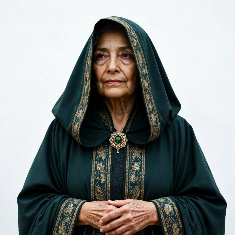 Elderly woman in green hooded robe Elderly woman in green hooded robe