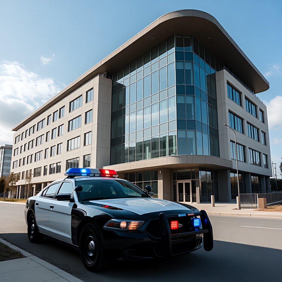 Police Car Parked Outside Modern Building Police Car Parked Outside Modern Building