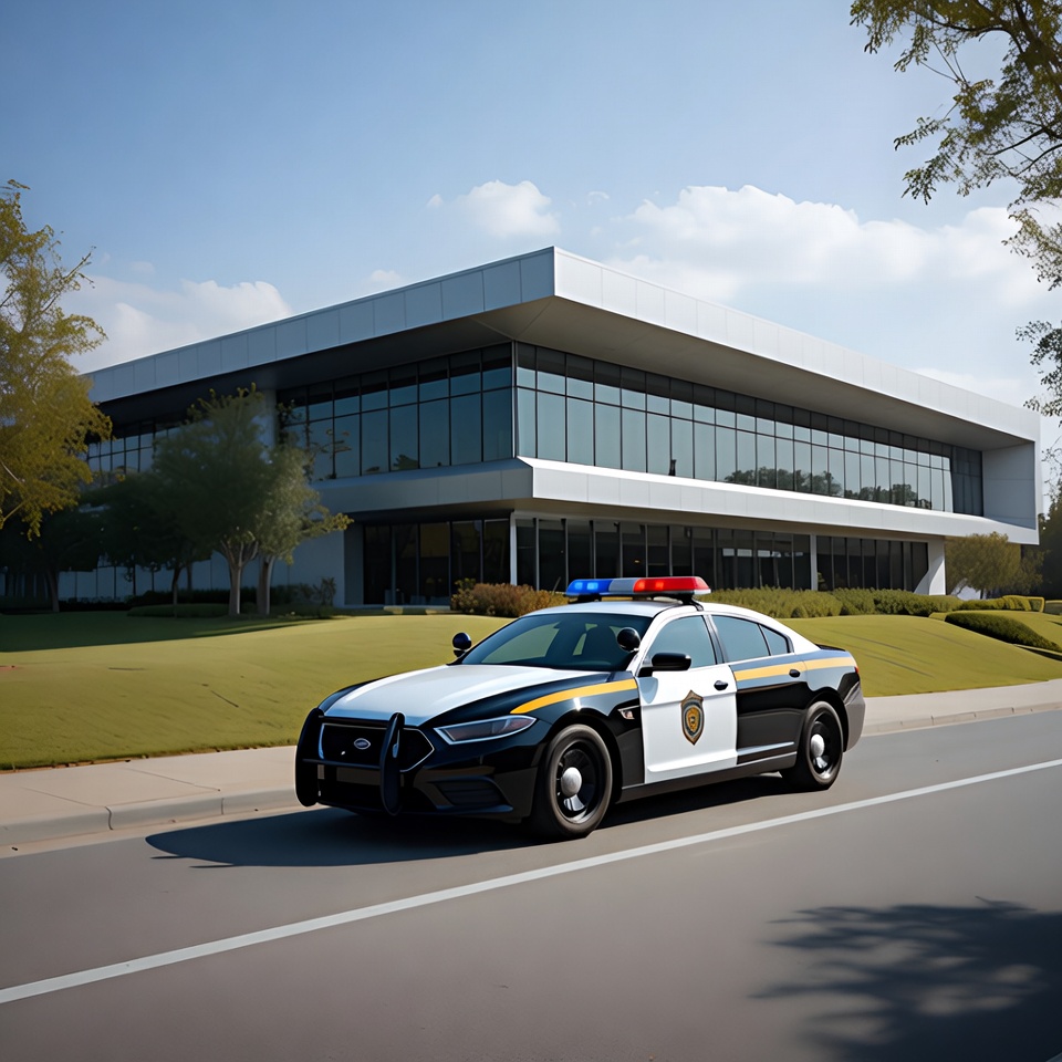 Police Car Parked Near Modern Building Police Car Parked Near Modern Building