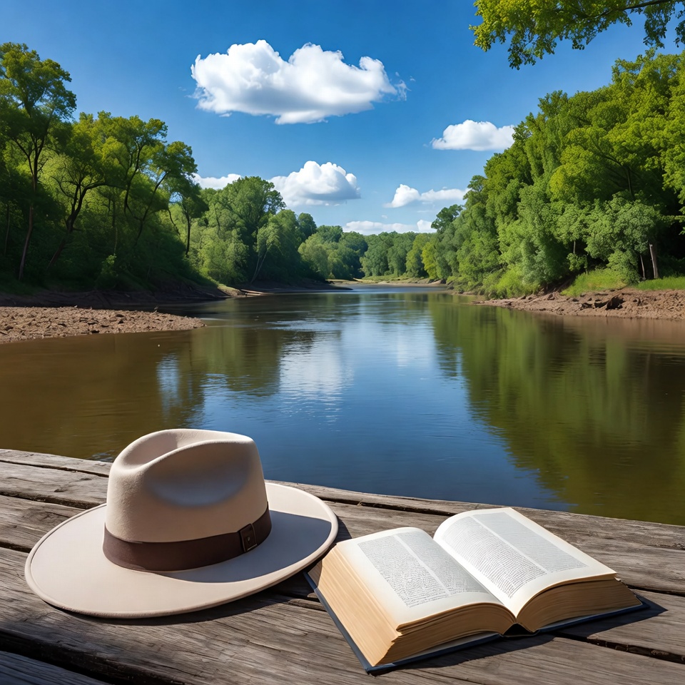 Open book and hat on wooden dock Open book and hat on wooden dock