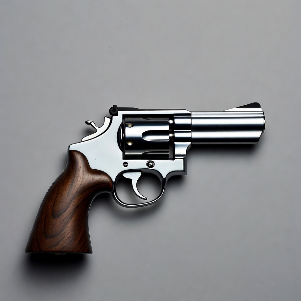 Silver revolver with wooden grip Silver revolver with wooden grip