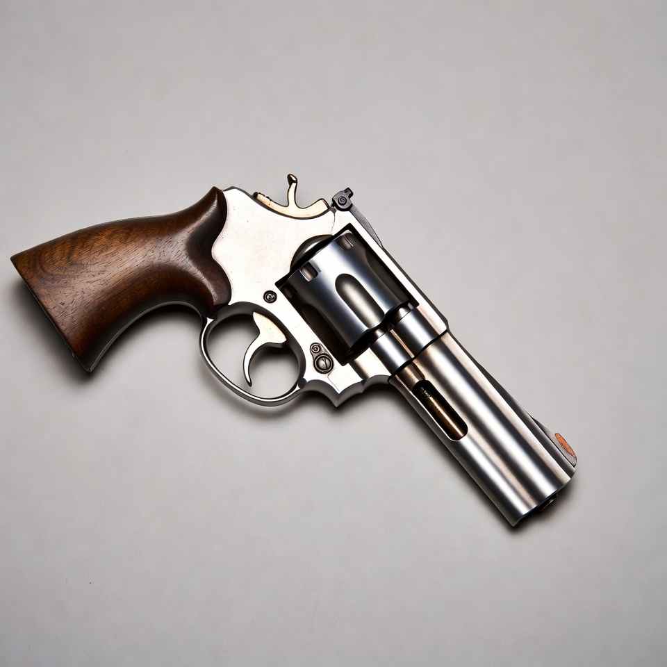 Silver revolver with wooden grip Silver revolver with wooden grip