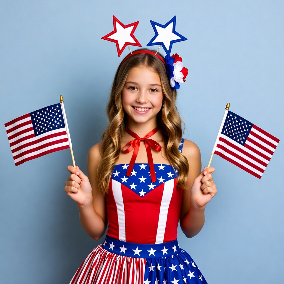 Girl holding American flags with stars headband Girl holding American flags with stars headband