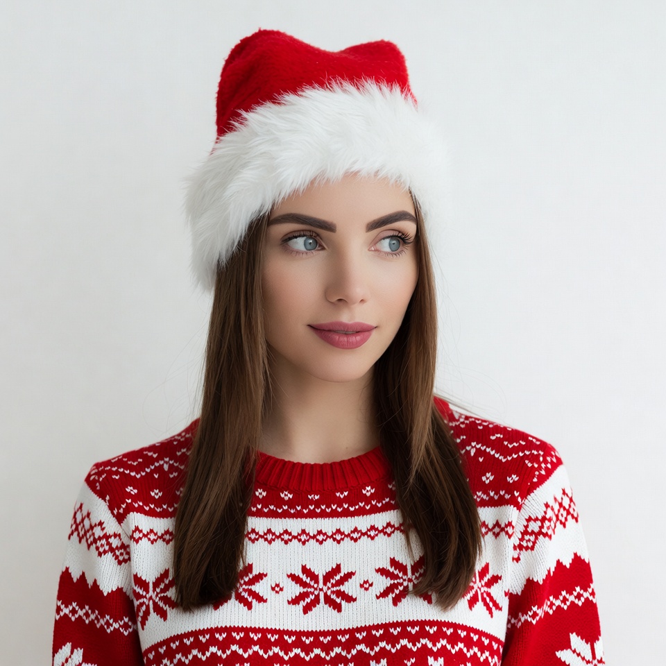 Woman in red Santa hat and sweater Woman in red Santa hat and sweater