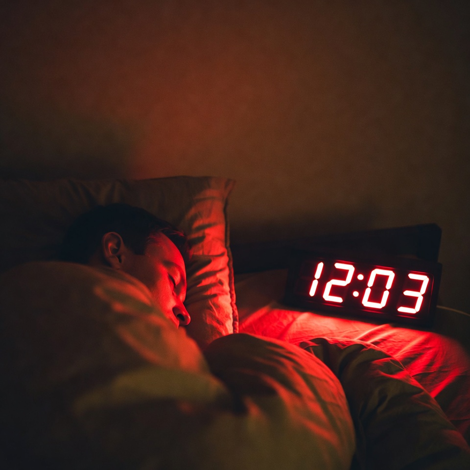 Man sleeping with red clock Man sleeping with red clock