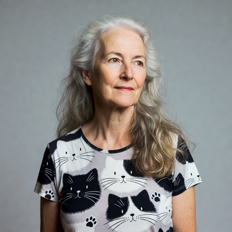 Elderly woman in cat print t-shirt Elderly woman in cat print t-shirt