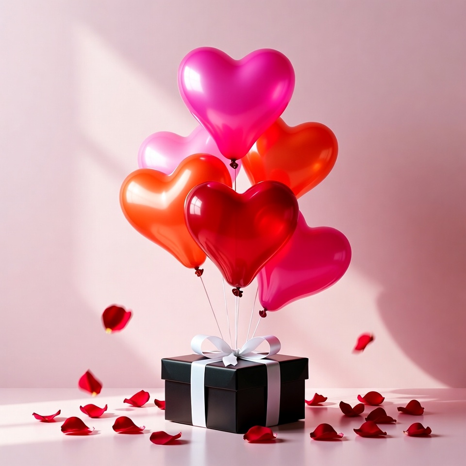 Heart Balloons Over Gift Box Heart Balloons Over Gift Box