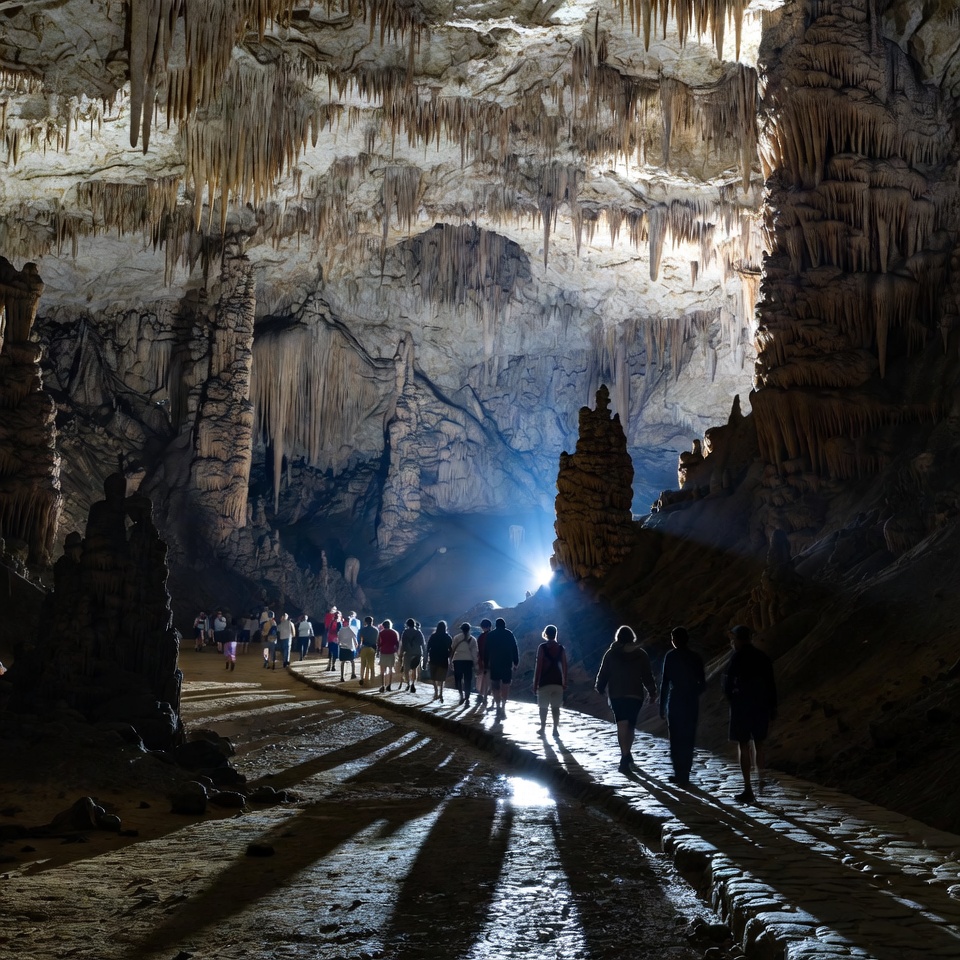 Tourists walking in stunning stalactite cave Tourists walking in stunning stalactite cave