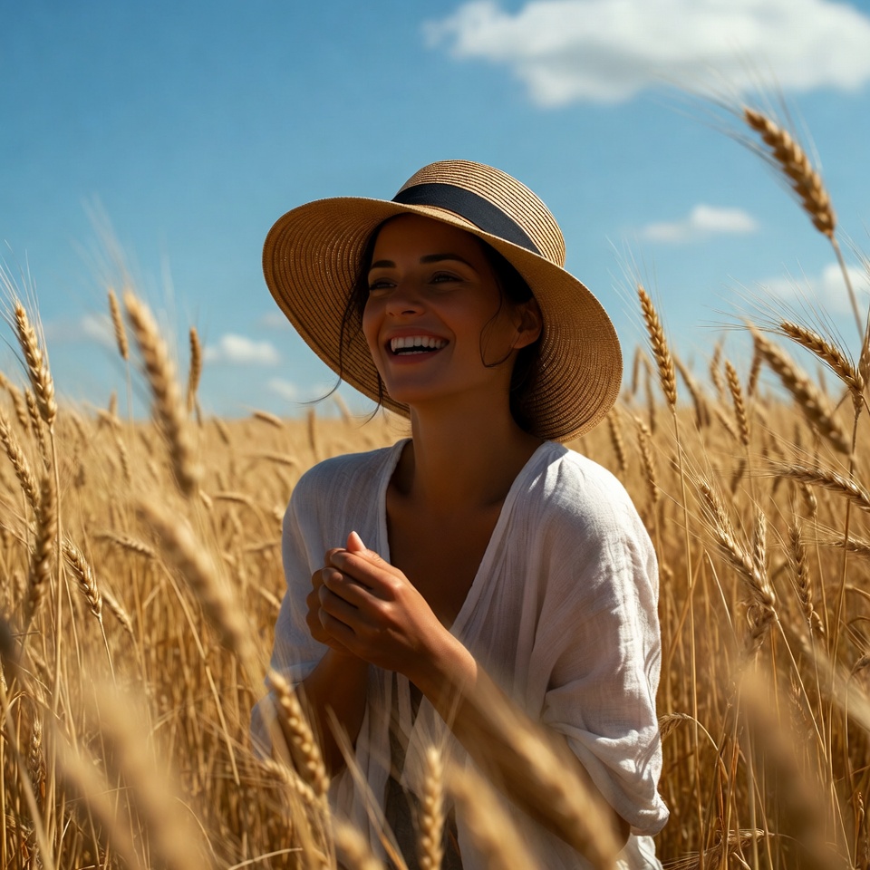 Woman smiling in wheat field with hat Woman smiling in wheat field with hat