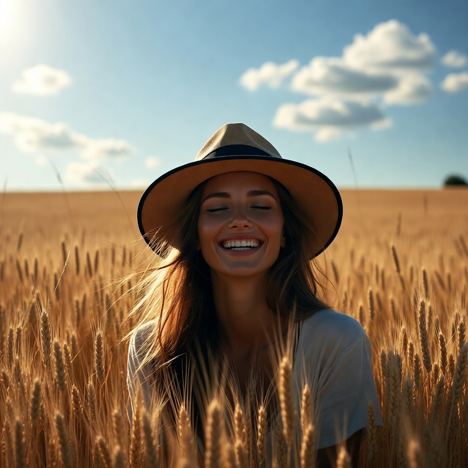 Smiling woman in wheat field hat Smiling woman in wheat field hat