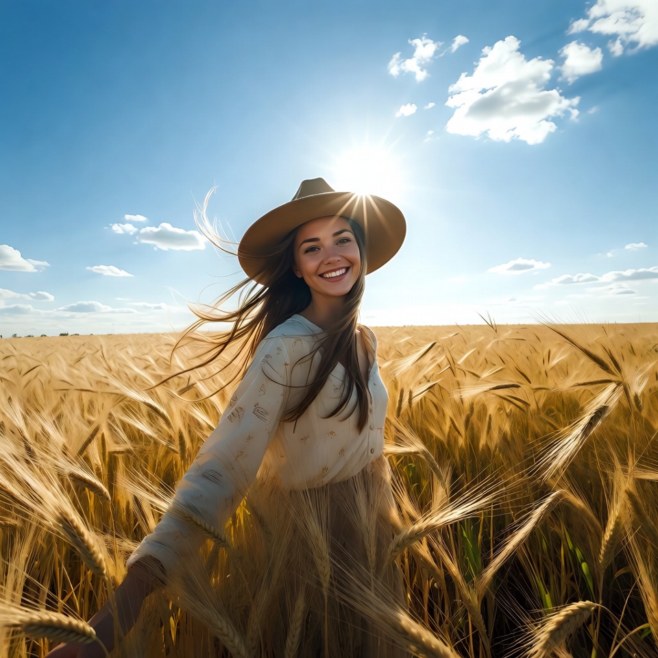 Smiling woman in wheat field with hat Smiling woman in wheat field with hat