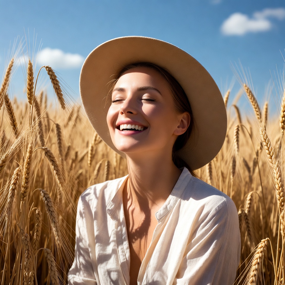 Woman smiling in wheat field with hat Woman smiling in wheat field with hat