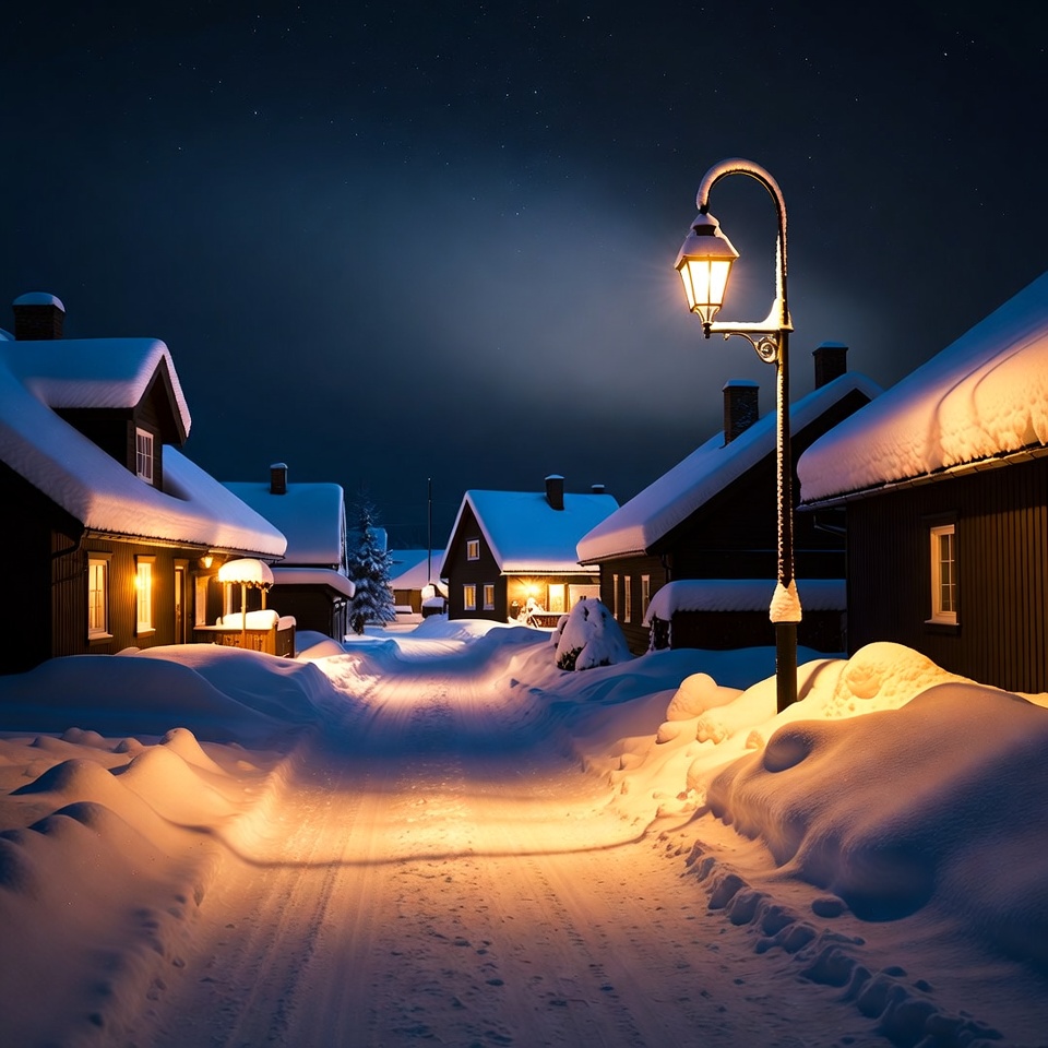 Snowy village path with street lamp Snowy village path with street lamp