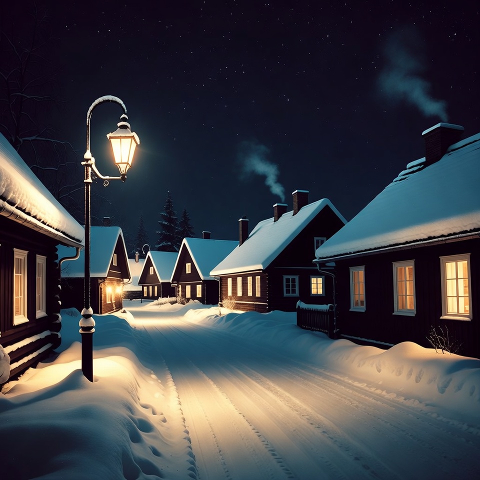 Snowy Village Street at Night Snowy Village Street at Night