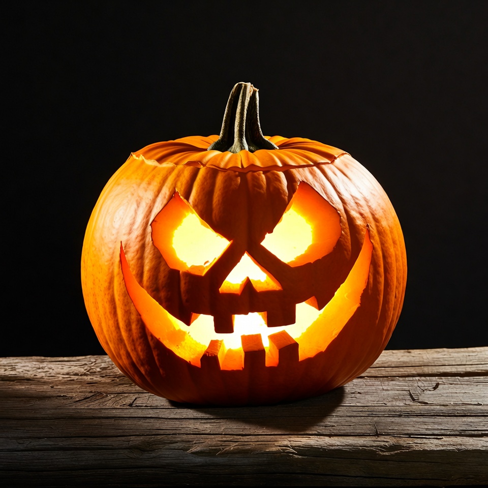 Jack-o'-lantern on wooden surface Jack-o'-lantern on wooden surface