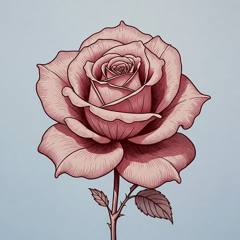 Pink Rose Illustration on Blue Background Pink Rose Illustration on Blue Background