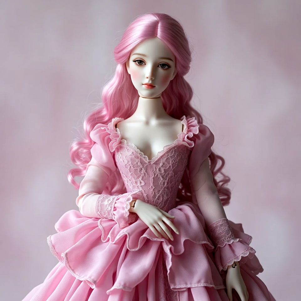 Pink-haired BJD doll in lace gown Pink-haired BJD doll in lace gown