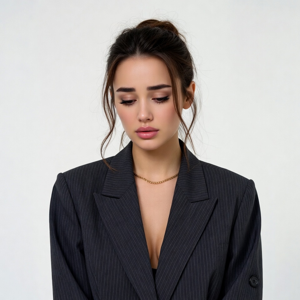 Woman in gray blazer on white background Woman in gray blazer on white background