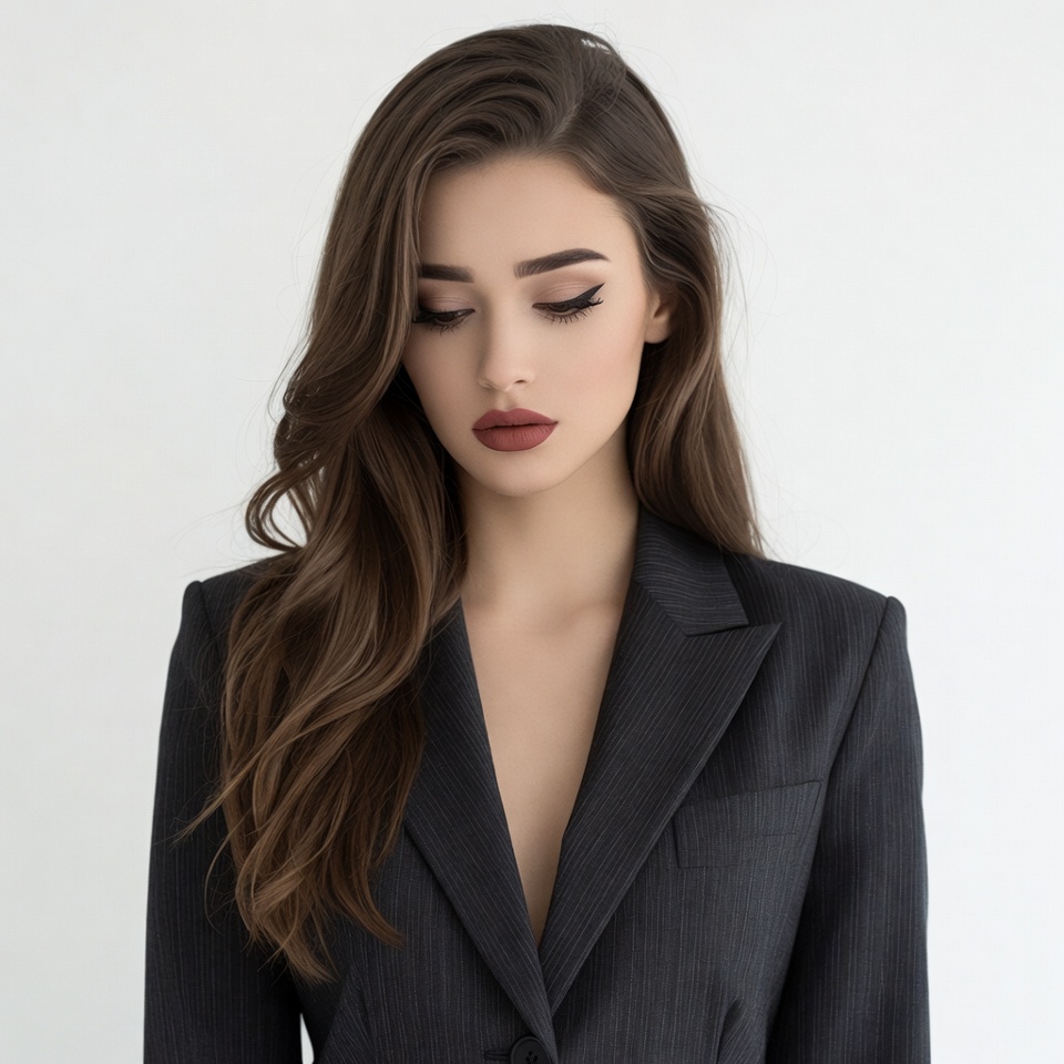 Woman in black blazer with long brown hair Woman in black blazer with long brown hair