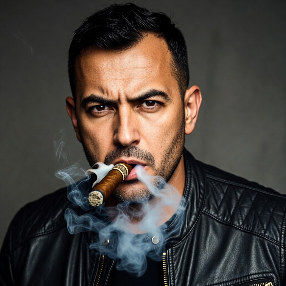 Man smoking cigar in leather jacket Man smoking cigar in leather jacket