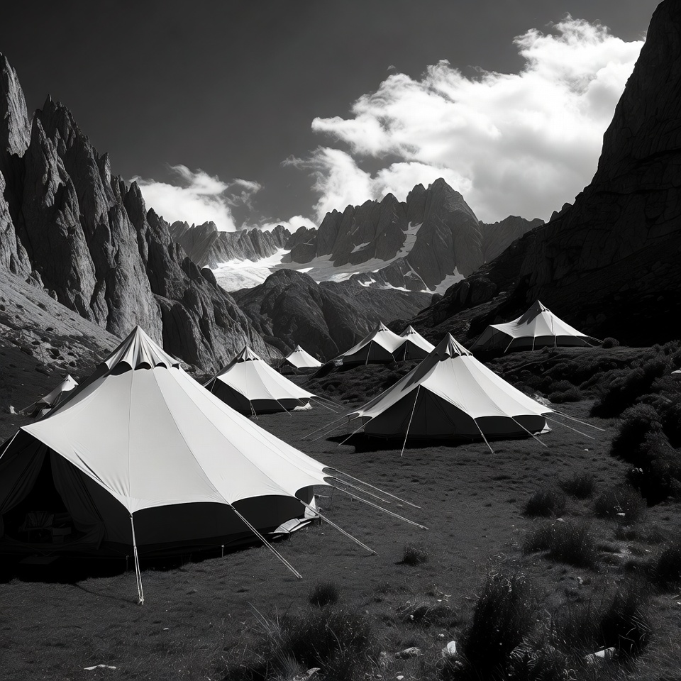 White tents in snowy mountain valley White tents in snowy mountain valley