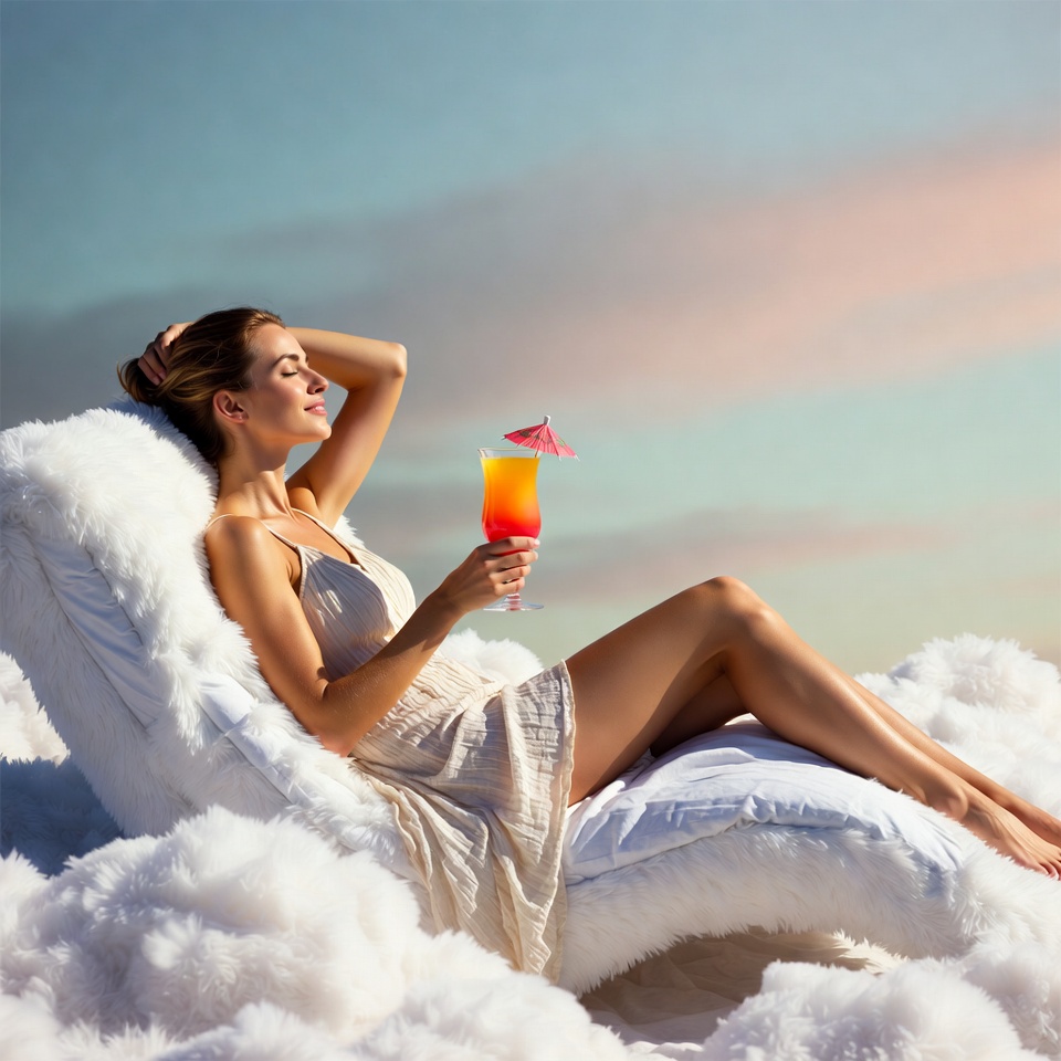 Woman relaxing on clouds with cocktail Woman relaxing on clouds with cocktail